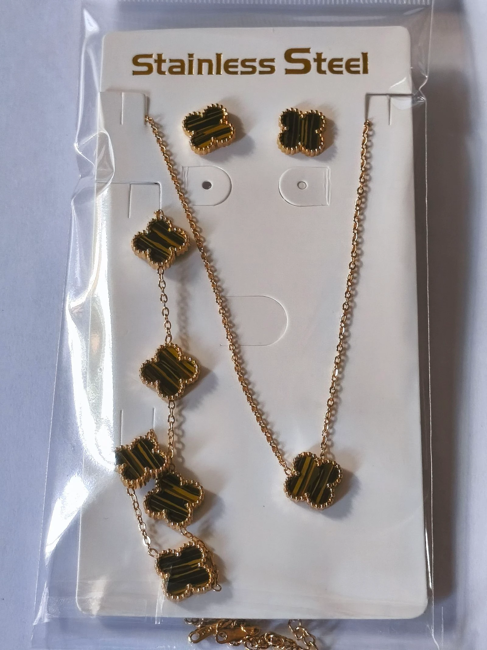 Conjunto de gargantila pulseira e brincos de trevo com corrente dourada de aço olho de tigre – photo 2